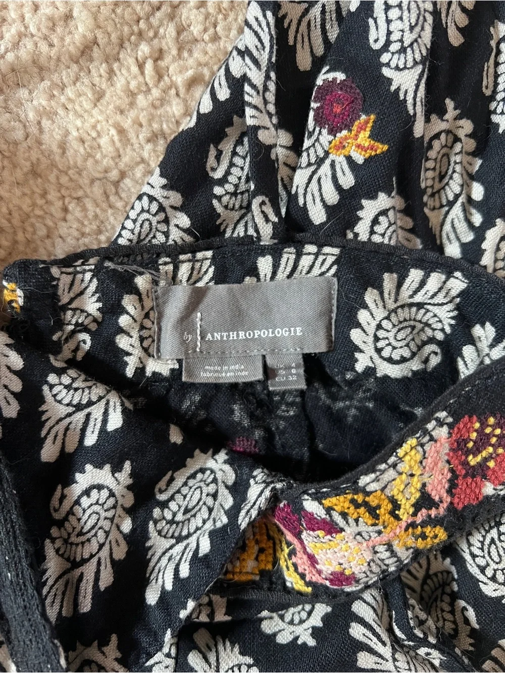 Anthropologie Overalls with White Paisley and Yellow-Pink Floral Accents